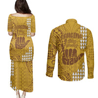 Strong Maui Couples Matching Puletasi Dress and Long Sleeve Button Shirts Good Living Hawaii with Shaka Sign Kakau Tribal Gold LT9 - Polynesian Pride