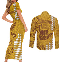 Strong Maui Couples Matching Short Sleeve Bodycon Dress and Long Sleeve Button Shirts Good Living Hawaii with Shaka Sign Kakau Tribal Gold LT9 - Polynesian Pride