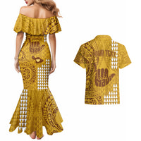 Personalised Strong Maui Couples Matching Mermaid Dress and Hawaiian Shirt Good Living Hawaii with Shaka Sign Kakau Tribal Gold LT9 - Polynesian Pride