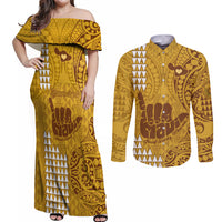 Personalised Strong Maui Couples Matching Off Shoulder Maxi Dress and Long Sleeve Button Shirts Good Living Hawaii with Shaka Sign Kakau Tribal Gold LT9 Gold - Polynesian Pride