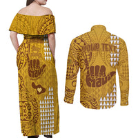 Personalised Strong Maui Couples Matching Off Shoulder Maxi Dress and Long Sleeve Button Shirts Good Living Hawaii with Shaka Sign Kakau Tribal Gold LT9 - Polynesian Pride