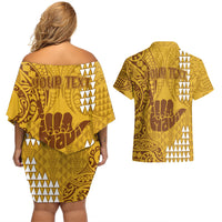 Personalised Strong Maui Couples Matching Off Shoulder Short Dress and Hawaiian Shirt Good Living Hawaii with Shaka Sign Kakau Tribal Gold LT9 - Polynesian Pride