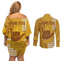 Personalised Strong Maui Couples Matching Off Shoulder Short Dress and Long Sleeve Button Shirts Good Living Hawaii with Shaka Sign Kakau Tribal Gold LT9 - Polynesian Pride