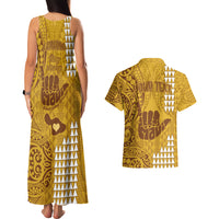 Personalised Strong Maui Couples Matching Tank Maxi Dress and Hawaiian Shirt Good Living Hawaii with Shaka Sign Kakau Tribal Gold LT9 - Polynesian Pride