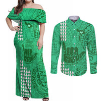Strong Maui Couples Matching Off Shoulder Maxi Dress and Long Sleeve Button Shirts Good Living Hawaii with Shaka Sign Kakau Tribal Green LT9 Green - Polynesian Pride