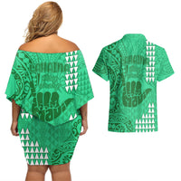 Strong Maui Couples Matching Off Shoulder Short Dress and Hawaiian Shirt Good Living Hawaii with Shaka Sign Kakau Tribal Green LT9 - Polynesian Pride