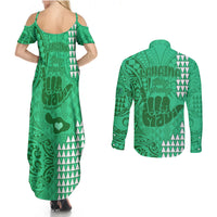 Strong Maui Couples Matching Summer Maxi Dress and Long Sleeve Button Shirts Good Living Hawaii with Shaka Sign Kakau Tribal Green LT9 - Polynesian Pride
