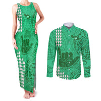 Strong Maui Couples Matching Tank Maxi Dress and Long Sleeve Button Shirts Good Living Hawaii with Shaka Sign Kakau Tribal Green LT9 Green - Polynesian Pride