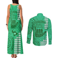 Strong Maui Couples Matching Tank Maxi Dress and Long Sleeve Button Shirts Good Living Hawaii with Shaka Sign Kakau Tribal Green LT9 - Polynesian Pride