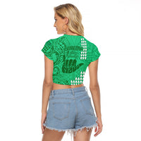 Strong Maui Raglan Cropped T Shirt Good Living Hawaii with Shaka Sign Kakau Tribal Green LT9 - Polynesian Pride