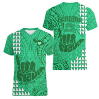 Strong Maui Women V Neck T Shirt Good Living Hawaii with Shaka Sign Kakau Tribal Green LT9 - Polynesian Pride