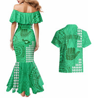 Personalised Strong Maui Couples Matching Mermaid Dress and Hawaiian Shirt Good Living Hawaii with Shaka Sign Kakau Tribal Green LT9 - Polynesian Pride
