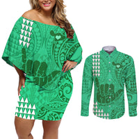 Personalised Strong Maui Couples Matching Off Shoulder Short Dress and Long Sleeve Button Shirts Good Living Hawaii with Shaka Sign Kakau Tribal Green LT9 Green - Polynesian Pride