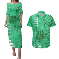 Personalised Strong Maui Couples Matching Puletasi Dress and Hawaiian Shirt Good Living Hawaii with Shaka Sign Kakau Tribal Green LT9 Green - Polynesian Pride