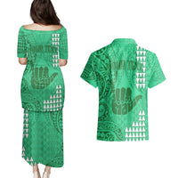 Personalised Strong Maui Couples Matching Puletasi Dress and Hawaiian Shirt Good Living Hawaii with Shaka Sign Kakau Tribal Green LT9 - Polynesian Pride