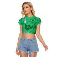 Personalised Strong Maui Raglan Cropped T Shirt Good Living Hawaii with Shaka Sign Kakau Tribal Green LT9 Female Green - Polynesian Pride