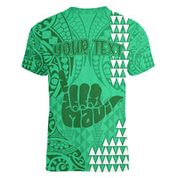 Personalised Strong Maui Women V Neck T Shirt Good Living Hawaii with Shaka Sign Kakau Tribal Green LT9 - Polynesian Pride