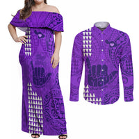 Strong Maui Couples Matching Off Shoulder Maxi Dress and Long Sleeve Button Shirts Good Living Hawaii with Shaka Sign Kakau Tribal Purple LT9 Purple - Polynesian Pride