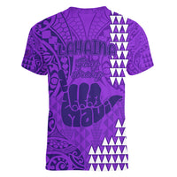 Strong Maui Women V Neck T Shirt Good Living Hawaii with Shaka Sign Kakau Tribal Purple LT9 - Polynesian Pride