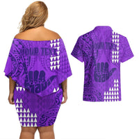 Personalised Strong Maui Couples Matching Off Shoulder Short Dress and Hawaiian Shirt Good Living Hawaii with Shaka Sign Kakau Tribal Purple LT9 - Polynesian Pride