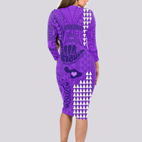 Personalised Strong Maui Long Sleeve Bodycon Dress Good Living Hawaii with Shaka Sign Kakau Tribal Purple LT9 - Polynesian Pride