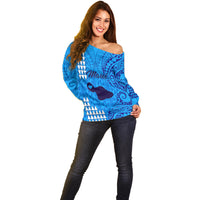 Personalised Maui Island Off Shoulder Sweater Kakau Tribal Mixed Polynesian Pattern Blue LT9 - Polynesian Pride