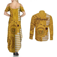 Maui Island Couples Matching Summer Maxi Dress and Long Sleeve Button Shirts Kakau Tribal Mixed Polynesian Pattern Gold LT9 - Polynesian Pride