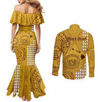 Personalised Maui Island Couples Matching Mermaid Dress and Long Sleeve Button Shirts Kakau Tribal Mixed Polynesian Pattern Gold LT9 - Polynesian Pride
