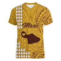 Personalised Maui Island Women V Neck T Shirt Kakau Tribal Mixed Polynesian Pattern Gold LT9 Female Gold - Polynesian Pride