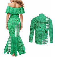 Maui Island Couples Matching Mermaid Dress and Long Sleeve Button Shirts Kakau Tribal Mixed Polynesian Pattern Green LT9 - Polynesian Pride