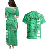 Maui Island Couples Matching Puletasi Dress and Hawaiian Shirt Kakau Tribal Mixed Polynesian Pattern Green LT9 - Polynesian Pride