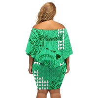 Maui Island Off Shoulder Short Dress Kakau Tribal Mixed Polynesian Pattern Green LT9 - Polynesian Pride