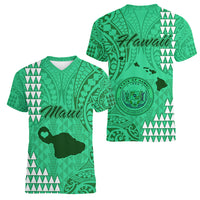 Maui Island Women V Neck T Shirt Kakau Tribal Mixed Polynesian Pattern Green LT9 - Polynesian Pride