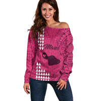 Personalised Maui Island Off Shoulder Sweater Kakau Tribal Mixed Polynesian Pattern Pink LT9 Women Pink - Polynesian Pride