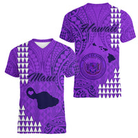Maui Island Women V Neck T Shirt Kakau Tribal Mixed Polynesian Pattern Purple LT9 - Polynesian Pride