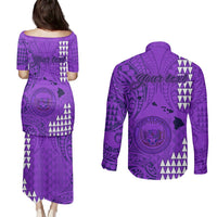 Personalised Maui Island Couples Matching Puletasi Dress and Long Sleeve Button Shirts Kakau Tribal Mixed Polynesian Pattern Purple LT9 - Polynesian Pride