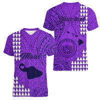 Personalised Maui Island Women V Neck T Shirt Kakau Tribal Mixed Polynesian Pattern Purple LT9 - Polynesian Pride