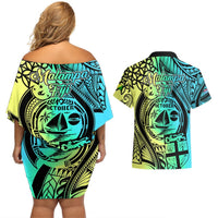 Malampa Fiji Day Couples Matching Off Shoulder Short Dress and Hawaiian Shirt Vanuatu Sand Drawing With Polynesian Pattern LT9 - Polynesian Pride