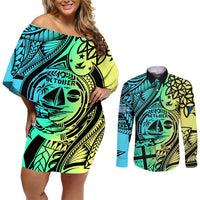 Malampa Fiji Day Couples Matching Off Shoulder Short Dress and Long Sleeve Button Shirts Vanuatu Sand Drawing With Polynesian Pattern LT9 Black - Polynesian Pride