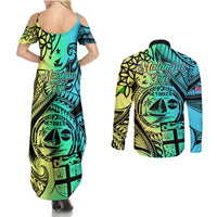 Malampa Fiji Day Couples Matching Summer Maxi Dress and Long Sleeve Button Shirts Vanuatu Sand Drawing With Polynesian Pattern LT9 - Polynesian Pride