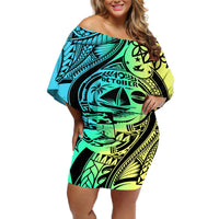 Malampa Fiji Day Off Shoulder Short Dress Vanuatu Sand Drawing With Polynesian Pattern LT9 Women Black - Polynesian Pride