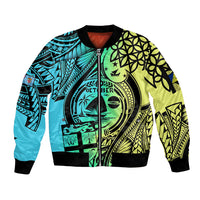 Malampa Fiji Day Sleeve Zip Bomber Jacket Vanuatu Sand Drawing With Polynesian Pattern LT9 Unisex Black - Polynesian Pride