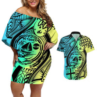 Personalised Malampa Fiji Day Couples Matching Off Shoulder Short Dress and Hawaiian Shirt Vanuatu Sand Drawing With Polynesian Pattern LT9 Black - Polynesian Pride