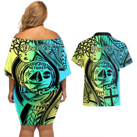 Personalised Malampa Fiji Day Couples Matching Off Shoulder Short Dress and Hawaiian Shirt Vanuatu Sand Drawing With Polynesian Pattern LT9 - Polynesian Pride