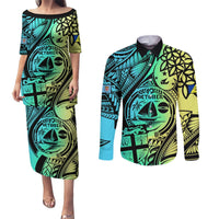 Personalised Malampa Fiji Day Couples Matching Puletasi Dress and Long Sleeve Button Shirts Vanuatu Sand Drawing With Polynesian Pattern LT9 Black - Polynesian Pride
