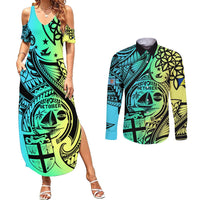 Personalised Malampa Fiji Day Couples Matching Summer Maxi Dress and Long Sleeve Button Shirts Vanuatu Sand Drawing With Polynesian Pattern LT9 Black - Polynesian Pride