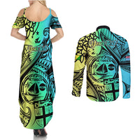Personalised Malampa Fiji Day Couples Matching Summer Maxi Dress and Long Sleeve Button Shirts Vanuatu Sand Drawing With Polynesian Pattern LT9 - Polynesian Pride