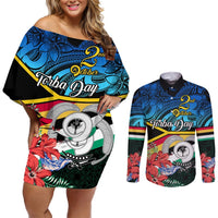 Torba Vanuatu Couples Matching Off Shoulder Short Dress and Long Sleeve Button Shirts Sand Drawing With Polynesian Pattern LT9 Black - Polynesian Pride