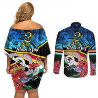 Torba Vanuatu Couples Matching Off Shoulder Short Dress and Long Sleeve Button Shirts Sand Drawing With Polynesian Pattern LT9 - Polynesian Pride