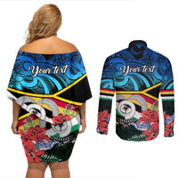 Personalised Torba Vanuatu Couples Matching Off Shoulder Short Dress and Long Sleeve Button Shirts Sand Drawing With Polynesian Pattern LT9 - Polynesian Pride